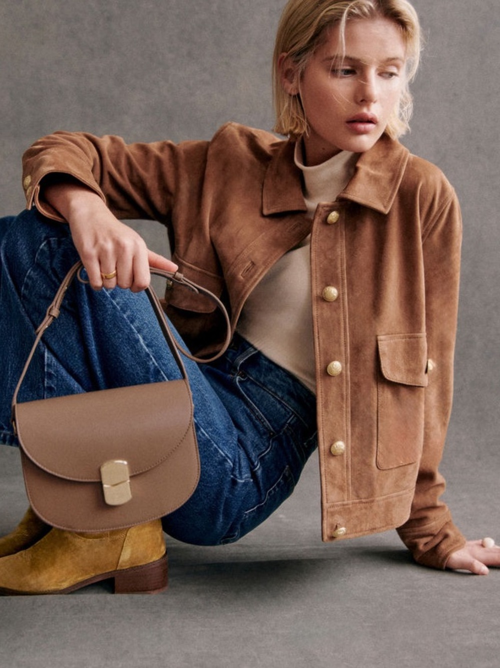 Sézane Terry Suede Camel Button Goat Leather Jacket